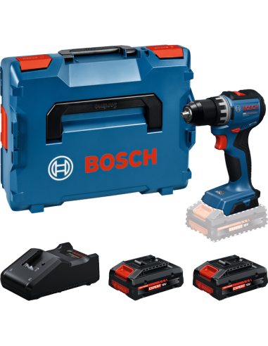 Vrtalnik Bosch GSR18V-52 s kovčkom, polnilnikom in dvema baterijama.